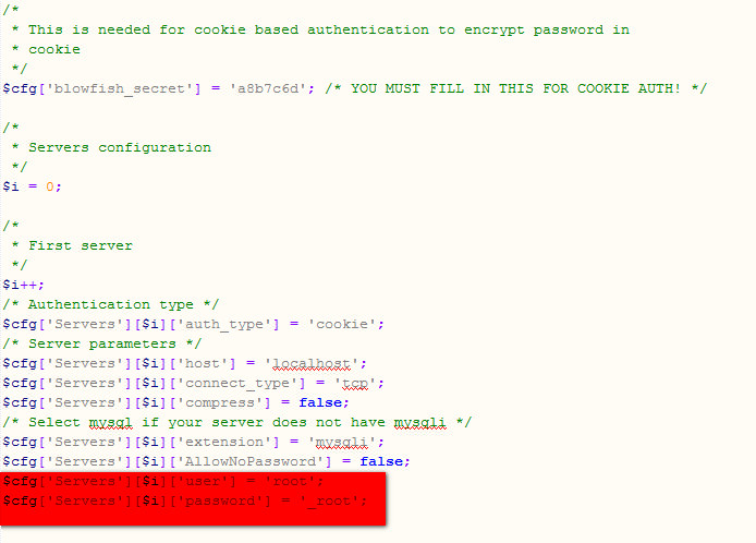 Добавление пользователя сервера mysql в файл config.inc.php 